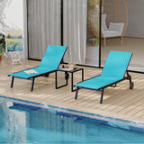 Garvee 3Pcs Patio Chaise Lounge Chairs With Side Table, Adjustable Backrest Poolside Lounger Chairs With Wheels, Pool Outdoor Chaise Lounge Set of 3 - Blue