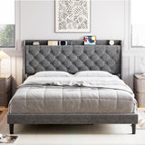 Garvee Queen Size Bed Frame with Charging Station, Storage Shelf, Upholstered Platform, Button Tufted, No Box Spring, Easy Assembly, 7 Sturdy Legs, 16" Wingback, 8" Underbed Room - Light Gray
