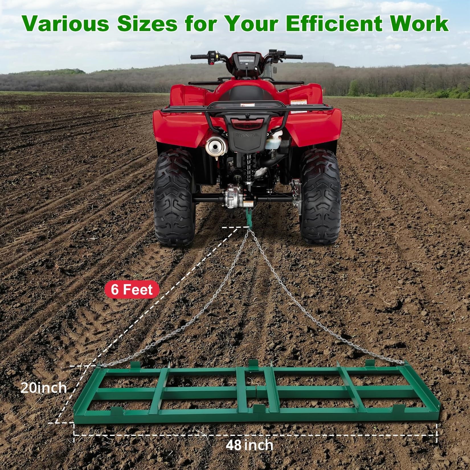 Garvee Driveway Drag 4 Ft Width, Drag Harrow Driveway,Grader Landscape Power Rake for ATV, UTV, Tractor, Mower, Tow Behind Yard Lawn Leveling Tool with 6 Ft Heavy Duty Chain