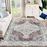 Garvee Vintage Washable Soft Area Rug 8x10 Red Low Pile Anti-Slip Stain Resistant Floral Carpet for Bedroom Living Room Dining Room - Red-Beige