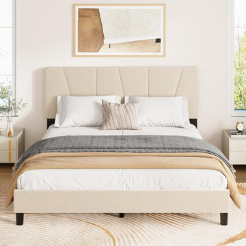 Garvee Full Size Bed Frame With Headboard Adjustable, Velvet Upholstered Full Platform Bed With Headboard, Mattress Foundation With Wooden Slats, No Box Spring Needed, Easy Assembly, Beige/Cream