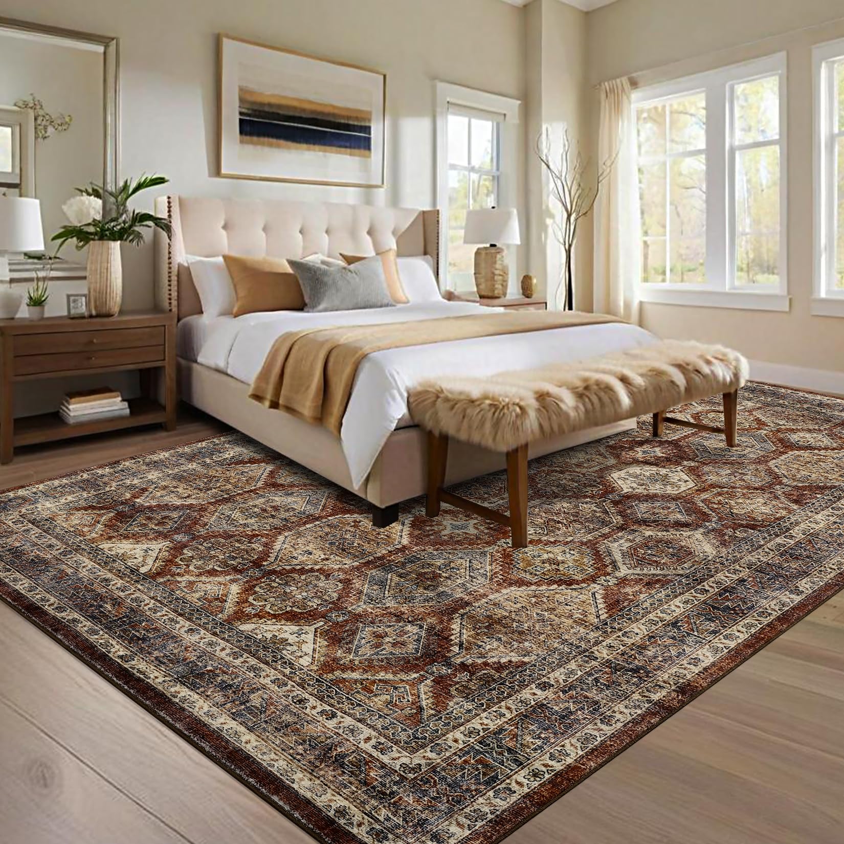 GARVEE Washable 5x7 Vintage Rug - Soft Faux Wool, Non-Slip, Stain