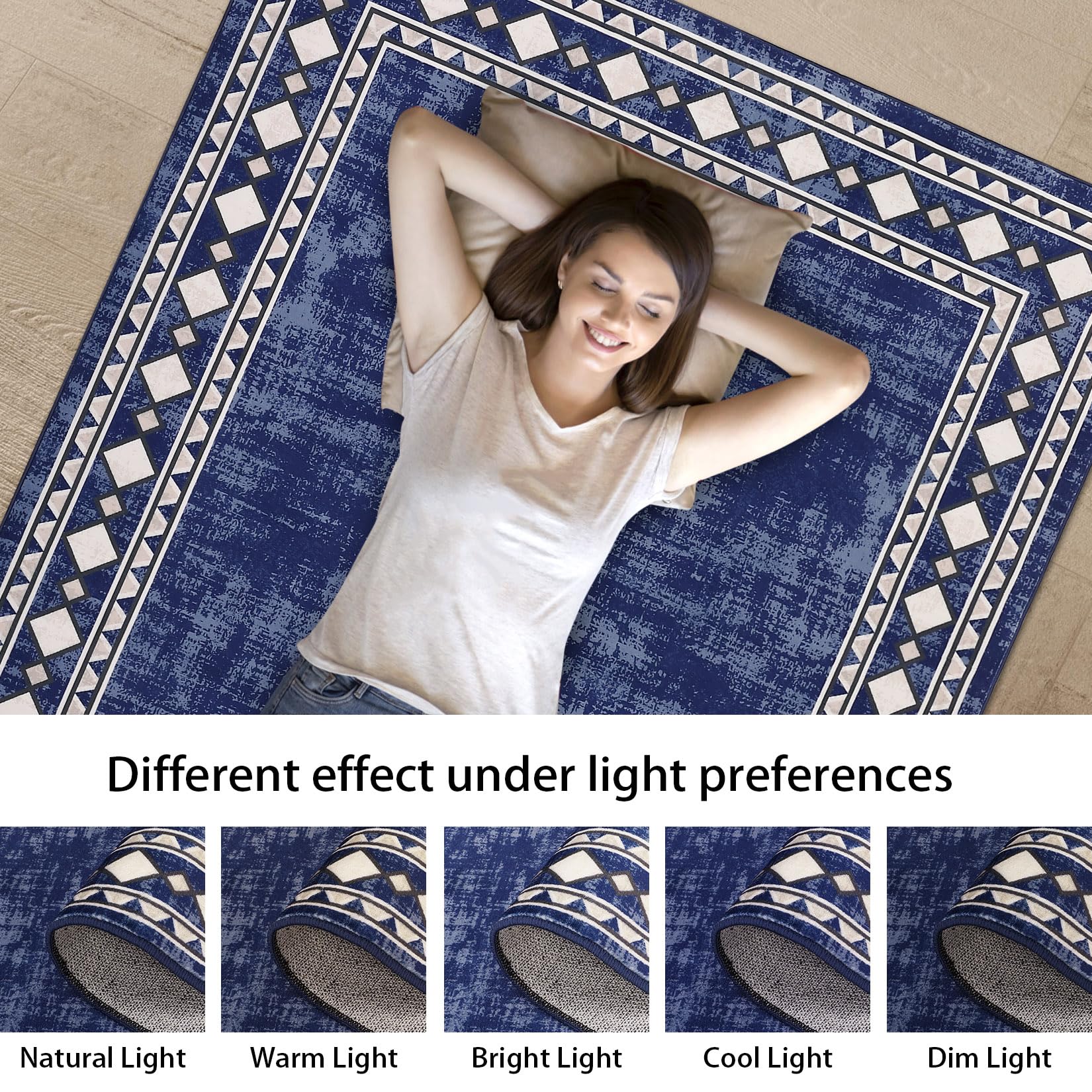 Garvee Bordered Dark Blue 4x6 Machine Washable for Living Room Modern Area Rug, Non-Slip Stain Resistant Accent Rug Indoor Minimalist Border Floor Cover Carpet for Bedroom