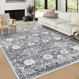 Garvee Washable 8x10 Area Rugs Floral Vintage Distress Print Low Pile Stain Resistant Dark Grey - Dark Gray