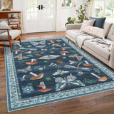 Garvee Mushroom Washable Rug 9x12 Area Rugs for Living Room, Insect Print for Bedroom, Non Slip Carpet With Rubber Back, Soft Low Pile Dining Room Rug for Under Table, Blue - Blue