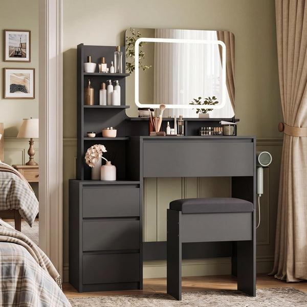 Garvee Vanity Desk, 36-Inch Makeup Vanity Desk, Power Outlet, USB Ports, Stool, 3 Color Adjustable Light, Dressing Table with 4 Drawers, Storage