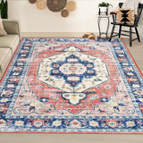 Garvee Washable Area Rugs 9x12 Living Room Boho Rug Non Slip Living Room Rug Office Rug Distressed Vintage Oriental Area Rugs Classroom Throw Rugs Large Area Rug 9'x12' Pink/Blue - Pink