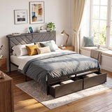 Garvee Full Size Metal Platform Bed Frame with Upholstered Storage Headboard & Shelf, 2 Rolling Underbed Drawers, Charging Station, No Box Spring Needed, Easy Assembly, Gray - Gray