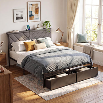 Garvee Queen Size Metal Platform Bed Frame with Upholstered Storage Headboard & Shelf, 2 Rolling Underbed Drawers, Charging Station, No Box Spring Needed, Easy Assembly, Gray