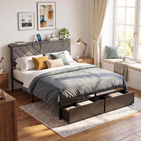 Garvee Queen Size Metal Platform Bed Frame with Upholstered Storage Headboard & Shelf, 2 Rolling Underbed Drawers, Charging Station, No Box Spring Needed, Easy Assembly, Gray