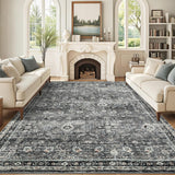 Garvee Vintage Area Rugs 8x10 Washable Floral Print Accent Carpet with Non-Slip Backing, Oriental Distressed Indoor Mat, Foldable Low Pile Floor Cover for Bedroom, Living Room, Grey Green - Gray Green