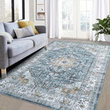 Garvee 8x10 Area Rug Vintage Distressed Machine Washable Area Rug for Living Room Bedroom Traditional Medallion Floral Non-Slip Stain Resistant Accent Rug Carpet for Floor Decoration, Blue - Blue