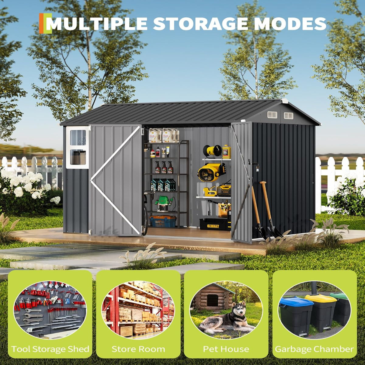 Garvee 6' x 8' Outdoor Storage Shed Metal Building with Lockable Doors & Windows Galvanized Steel Weatherproof Ventilated for Garden Backyard
