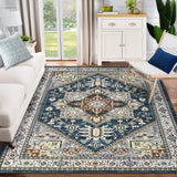 Garvee Vintage Area Rugs 5x7 Machine Washable Blue, Large Non-Slip Stain Resistant Rug for Living Room Bedroom Dining Room Office Home - Blue