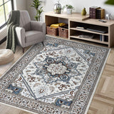 Garvee Washable Boho Area Rug 4x6 - Non-Slip, Low-Pile, Flannel Fiber, Retro Print, Suitable for Living Room, Bedroom, Kitchen, Office - Tan & Ivory