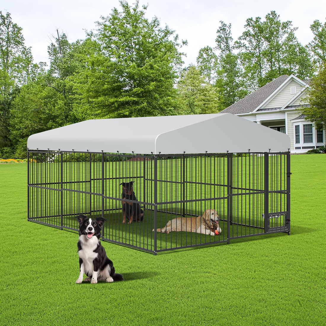 Garvee Outdoor Heavy Duty Large Dog Kennel, Walk-in Dog Cage with Metal Gate & Secure Lock, Large Dog Enclosure with Waterproof Roof, Includes Feeding Doors & Bowls for Backyard, 10x15x6 ft