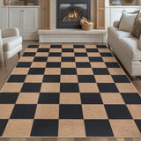 Garvee 9x12 Checkered Easy Jute Rugs Non-Slip Backing Machine Washable Large Rugs Black Tan for Bedroom Patio Dining Room Backyard - Brown-Checkerboard-1