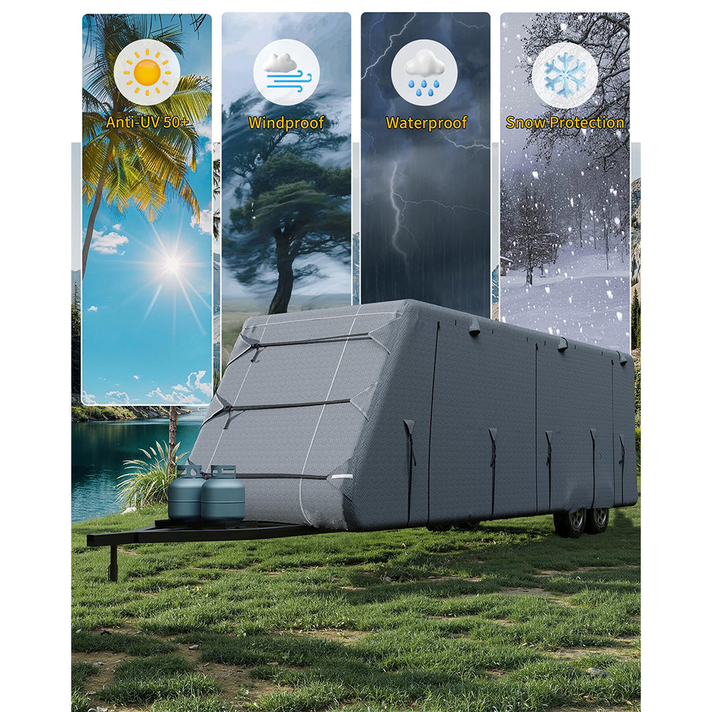 Garvee Travel Trailer RV Cover 27-30 ft, Extra-Thick 7 Layers, Windproof Straps Tire Covers, Waterproof UV Protection for Camper, Grey
