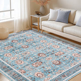 Garvee 4x6 Area Rug Washable Vintage Printed Soft Non Slip Low Pile Carpet Blue for Living Room Kitchen Bedroom - Blue