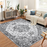 Garvee Vintage Area Rug for Living Room, 8x10 Low-Pile Machine Washable Rug, Non-Shedding Ultra-Thin Stain Resistant Indoor Floor Rugs with Non Slip Rubber Backing for Dining Room Bedroom, Grey - Gray