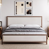 Garvee Queen Size Metal Bed Frame with Linen Headboard and Footboard, Wood Grain, Rivet Design, No Box Spring Needed, Vintage Walnut - Walnut