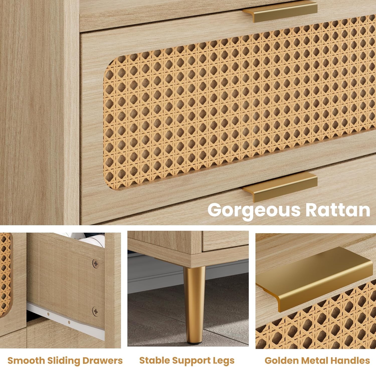 Garvee 6 Drawer Rattan Dresser, Narrow Wicker Chest of Drawer with Railed Edge, Metal Legs, Gold Handles, Farmhouse Wooden Storage Dresser for Bedroom, Nursery, Light Oak
