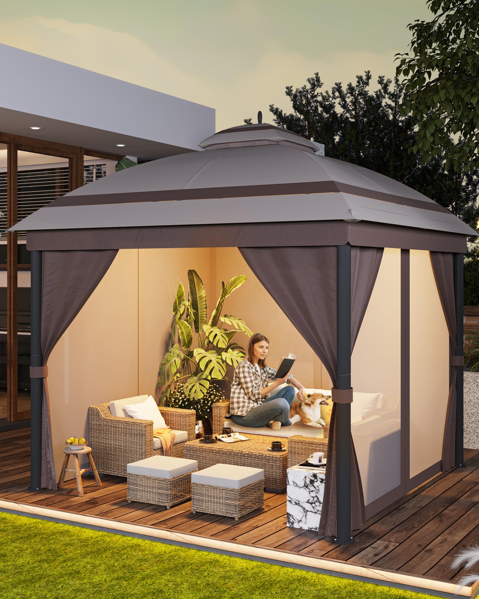 12dtx12ft Outdoor Gazebo, with Roof Reinforcing Bars, Curtains Nettings, and Double Roof, Parties Gazebo for Backyard, Garden, Patio, Lawns, and Deck