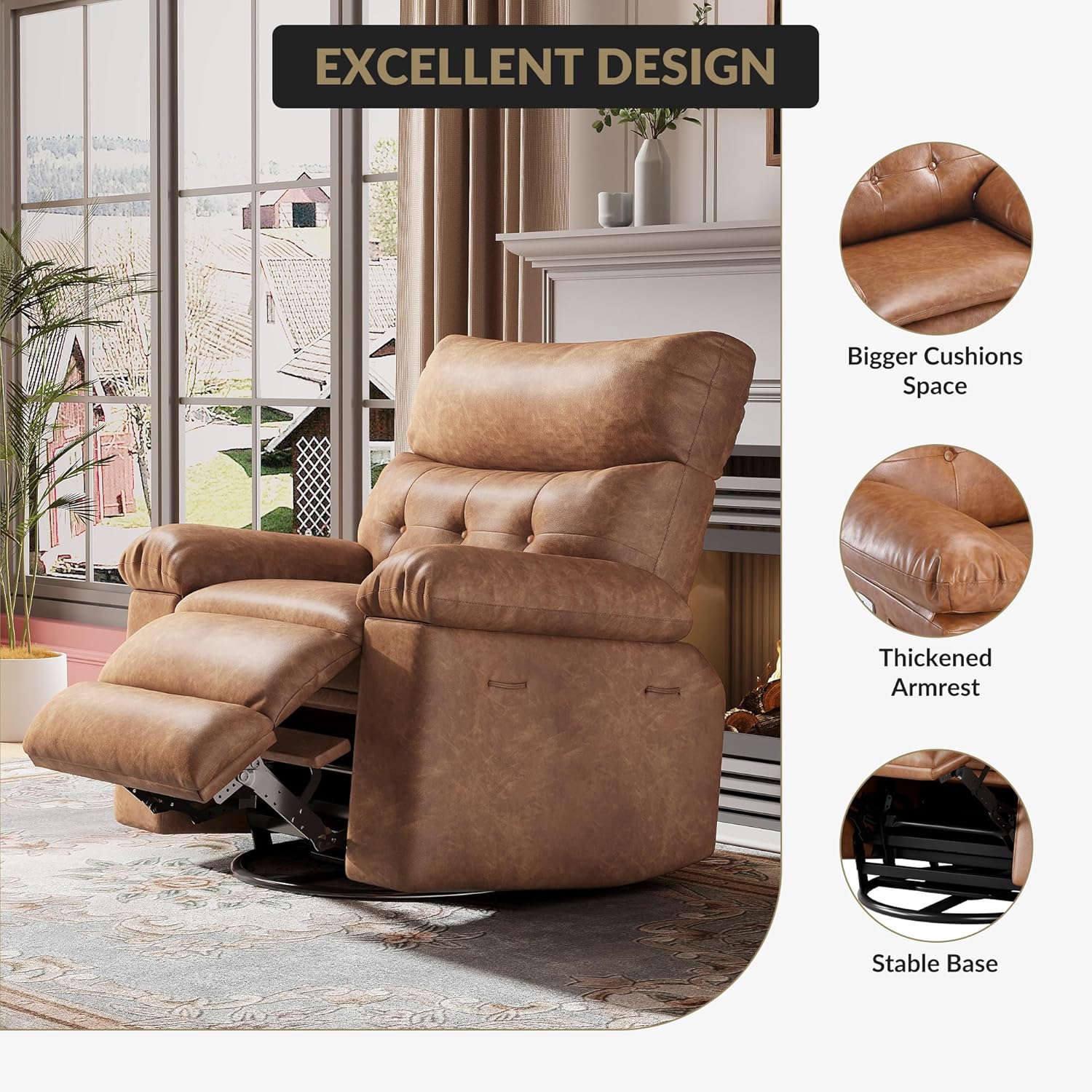 Garvee Extra Wide Comfort Recliner Chair for Adults - Oversized Manual PU Leather Sofa - Overstuffed Arms & Back, Cup Holder, Retractable Armrests, Side Pocket - Living Room, Bedroom, Nursery - Brown