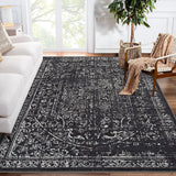 Garvee Area Rug 8x10 Washable Black Vintage Traditional Floor Cover Thin Non Slip Floral Print Mat for Living Room Bedroom Dining Room - Black
