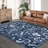 Garvee Traditional Area Rug 8'x10' Foldable Indoor Washable Thin Non-Slip Dark Blue Floral Accent Carpet Mat - Dark Blue