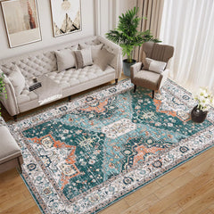 Garvee Vintage Oriental Washable Area Rug 8x10 - Soft Non-Slip Low Pile, High Density Polyester, Ideal for Living Room, Bedroom, Dining - Green Blue