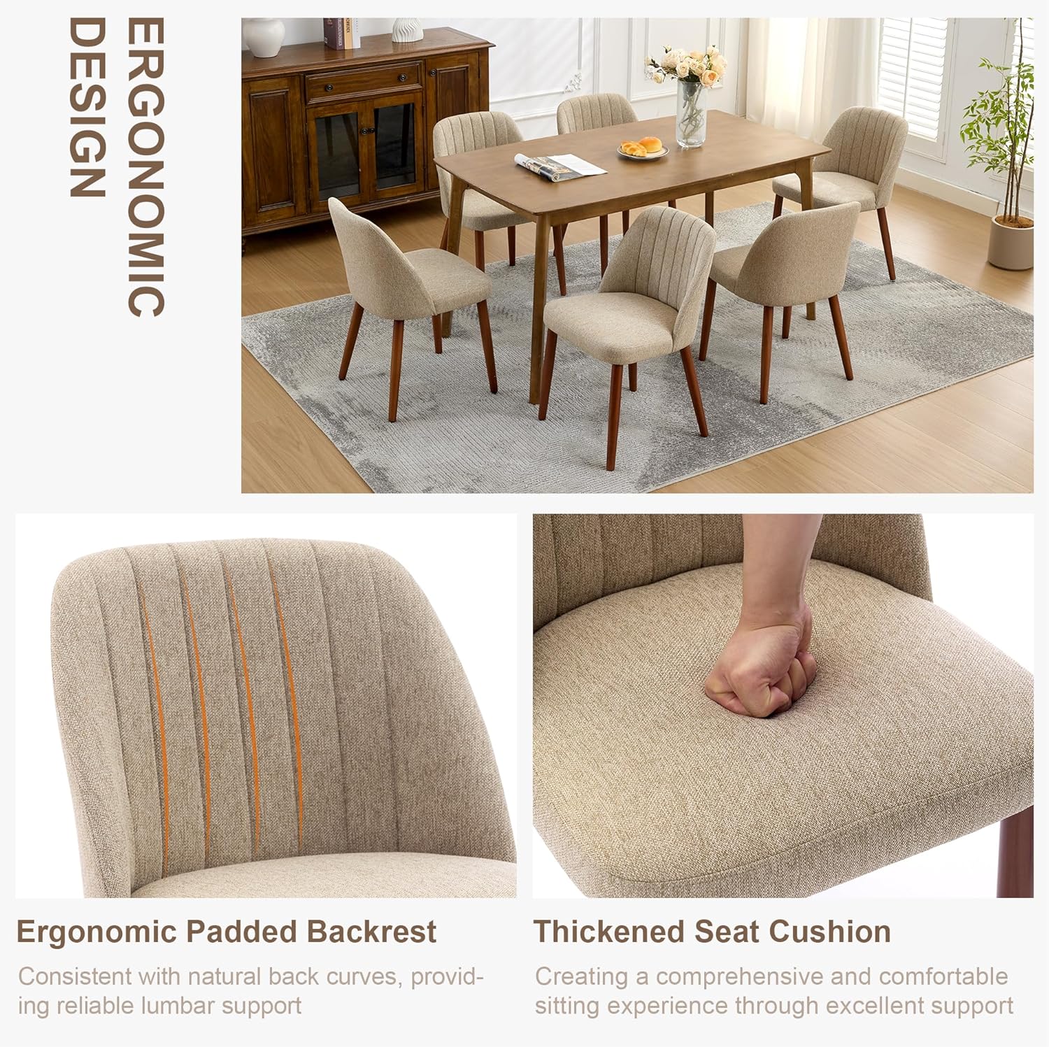 Garvee Set of 2 Mid-Century Modern Fabric Upholstered Dining Chairs with Padded and Solid Wood Legs, Camel