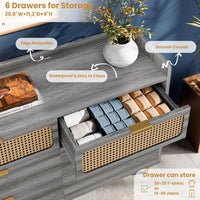 Garvee 6 Drawer Rattan Dresser, Narrow Wicker Chest of Drawer with Railed Edge, Metal Legs, Gold Handles, Farmhouse Wooden Storage Dresser for Bedroom, Living Room, Walnut
