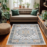 Garvee Vintage Area Rug for Living Room, 10x13ft Area Rug, Soft Washable Traditional Print Distressed Farmhouse Rugs for Bedroom, Indoor Floor Accent Carpet, Non Slip Rug Pad for Home, Office, House Decor - Cyan