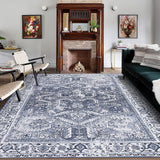 Garvee Area Rug 9x12 Vintage Print Large Rug Machine Washable Area Rug Low Pile Non Slip Indoor Floor Carpet Foldable Thin Rug for Bedroom Living Room, Blue/Grey - Blue