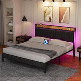 Garvee Bed Frame with Led Lights and Storage Headboard, Upholstered Platform Bed with Charging Station, Heavy Duty, No Box Spring Needed, Easy Assembly, Leather Black, King Size - Black