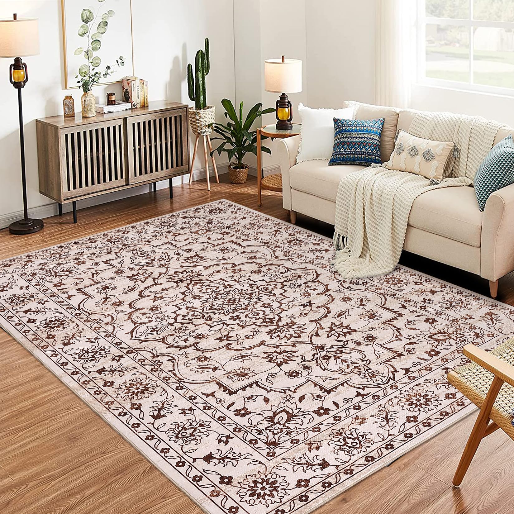8x10 area rug with machine washable design for living room or lounge in beige and brown floral pattern