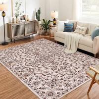 8x10 area rug with machine washable design for living room or lounge in beige and brown floral pattern