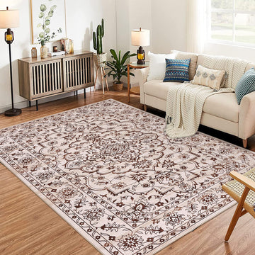 8x10 area rug with machine washable design for living room or lounge in beige and brown floral pattern
