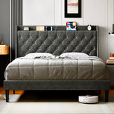 Garvee Full Size Bed Frame with Charging Station and Wingback Storage Headboard, Button Tufted Upholstered Platform Bed with Adjustable Headboard, No Box Spring Needed, Noise-Free, Easy Assembly, Dark Grey - Dark Grey