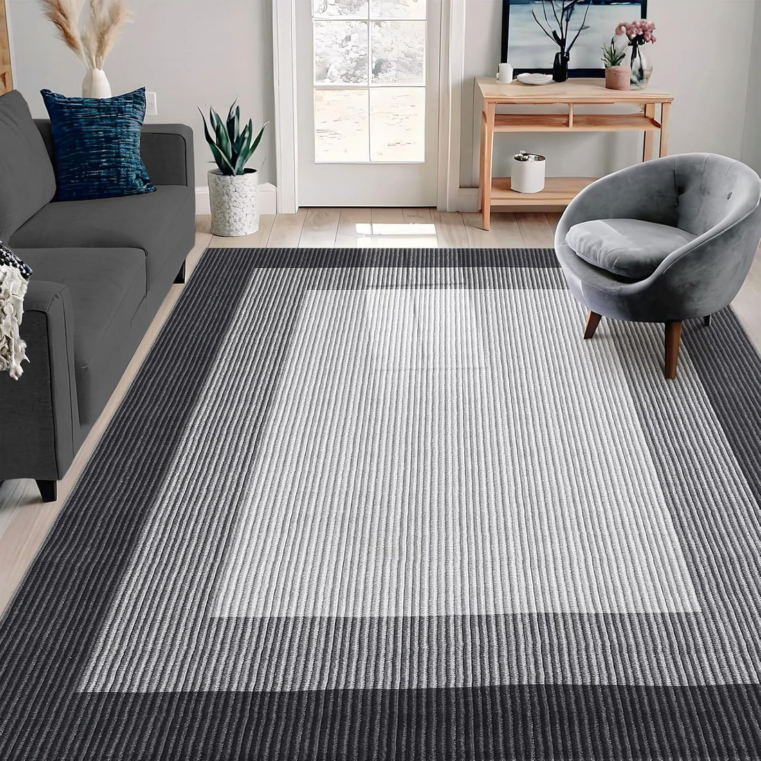 Garvee Bordered Abstract Linear Stain-Resistant Non-Slip Area Rug for Hallway, Bedroom, and Laundry with Ultra-Thin Low Pile Design
