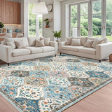 Garvee Floral 8x10 Blue and Taupe Area Rug Machine Washable Rug for Living Room Moroccan Trellis Indoor Accent Rug Stain Resistant Non-Slip Carpet Farmhouse Vintage Distressed Floral Floor Cover for Bedroom - Blue/Taupe