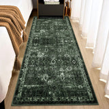 Garvee Vintage Floral 2x6 Runner Rug Dark Green Boho Washable Non-Slip Thin Faux Wool Carpet for Kitchen Hallway Bedroom - Dark Green