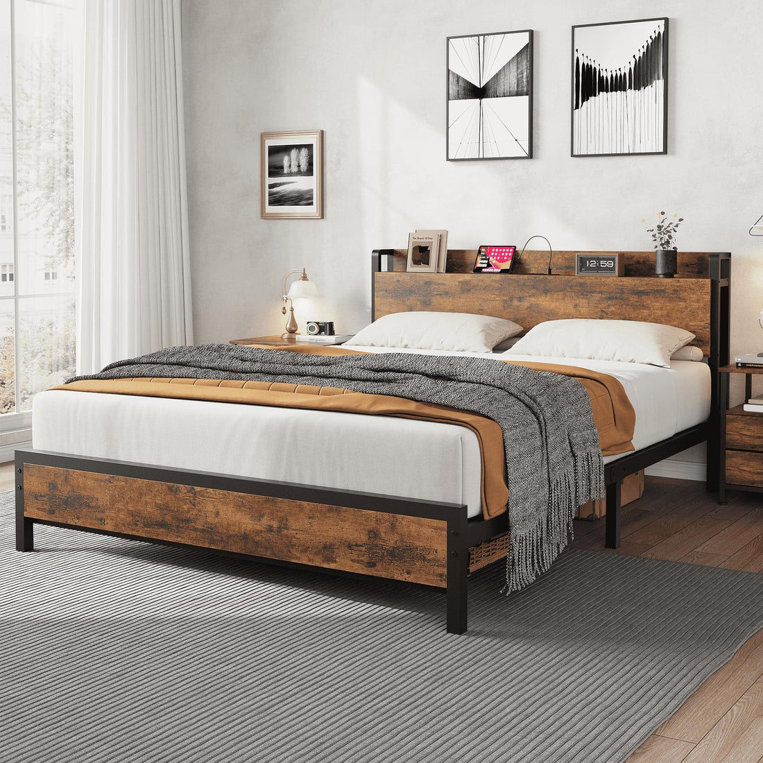 Garvee Full Size Bed Frame with Charging Station, 2 USB Ports & 2 AC Outlets, Heavy Duty Metal Bed Frame with Wooden Headboard and Footboard, No Box Spring Needed, Easy to Assemble