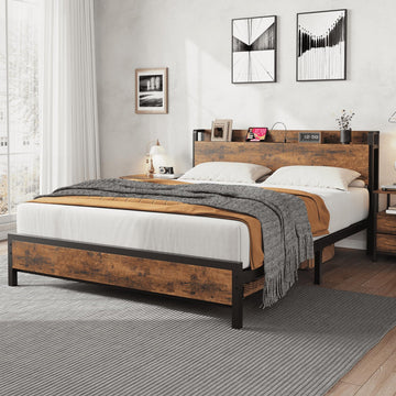 Garvee Full Size Bed Frame with Charging Station, 2 USB Ports & 2 AC Outlets, Heavy Duty Metal Bed Frame with Wooden Headboard and Footboard, No Box Spring Needed, Easy to Assemble