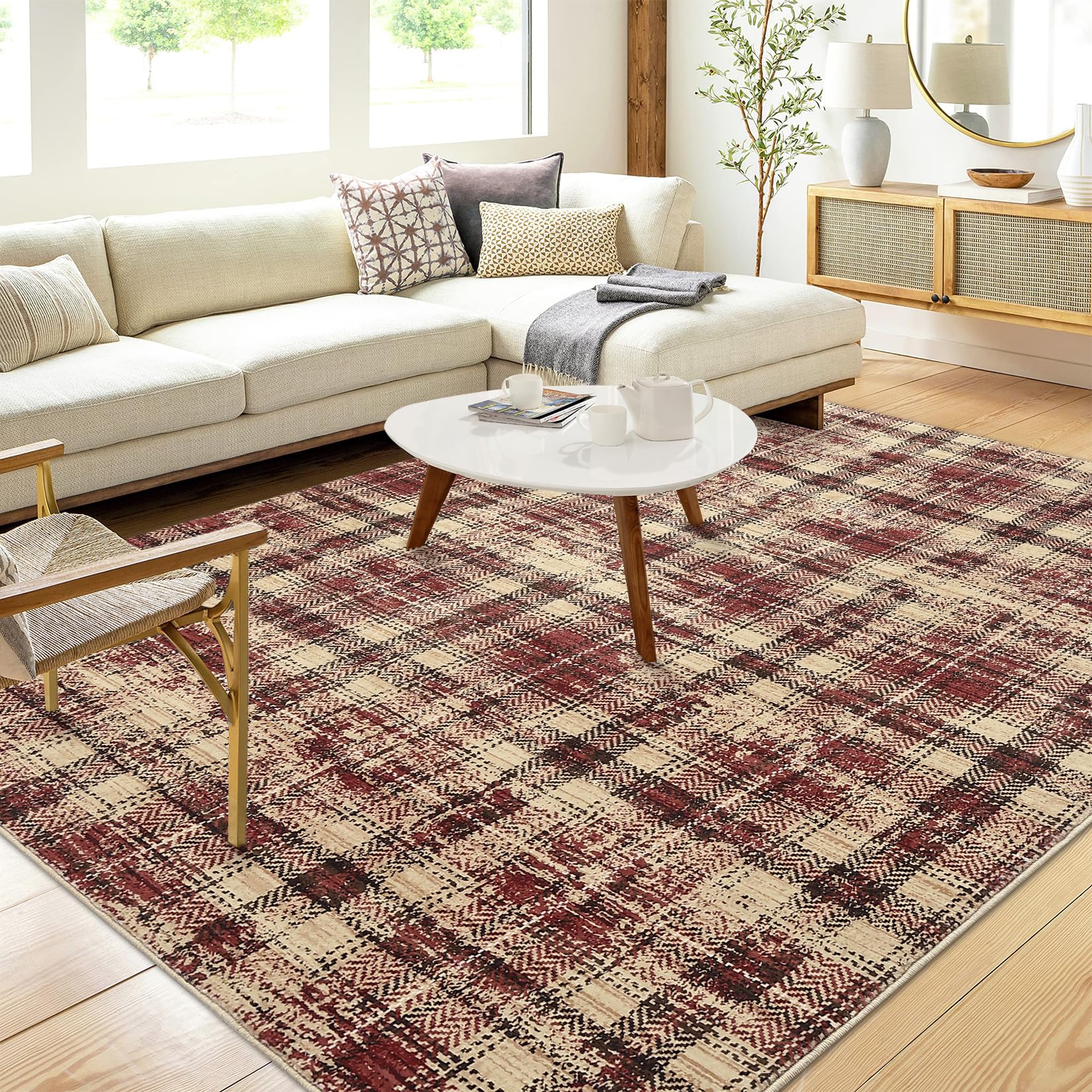 8x10 area rug with washable low pile design for living room decor in red and beige plaid pattern
