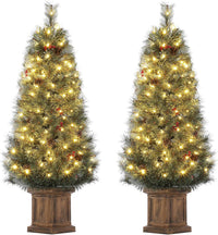 Garvee 4.5ft Christmas Tree Set of 2, Pre-lit Artificial Christmas Tree with 108 Warm LED Light, Potted Xmas Tree with Red Berries and Pine Cones, Christmas Decoration for Porch Entryway