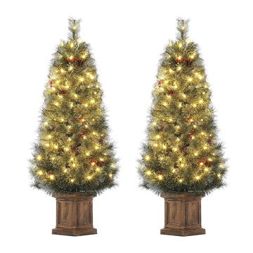 Garvee 4.5ft Christmas Tree Set of 2, Snow Flocked Pre-lit Artificial Christmas Tree with 108 LED Lights & 8 Lighting Modes, Fake Xmas Tree with Red Berries, Christmas Decoration for Home