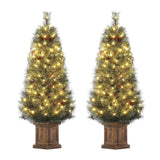 Garvee 4.5ft Christmas Tree Set of 2, Snow Flocked Pre-lit Artificial Christmas Tree with 108 LED Lights & 8 Lighting Modes, Fake Xmas Tree with Red Berries, Christmas Decoration for Home - Vintage Potted-Frost Pine-2 Pack