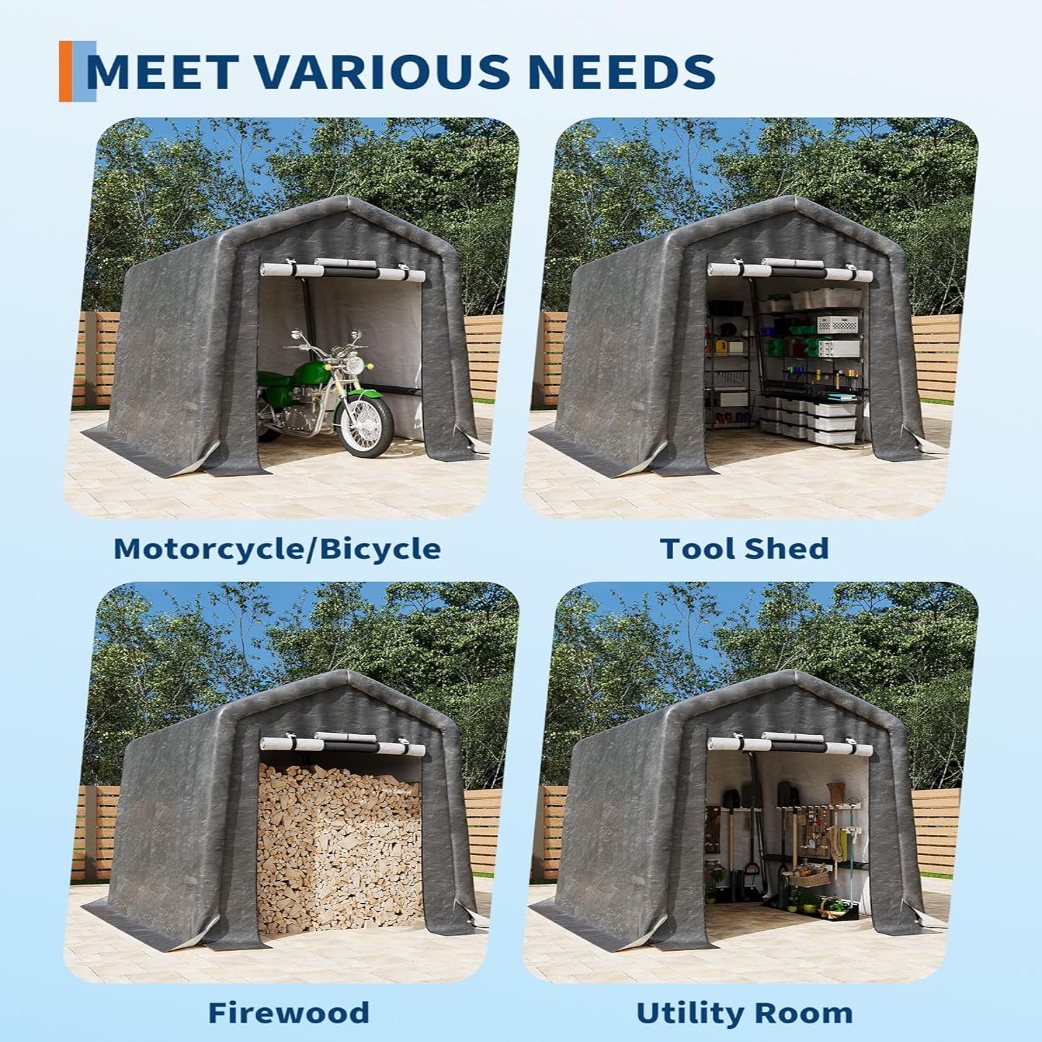 Garvee 6x8FT Outdoor Portable Storage Shed with 2 Roll-Up Doors, Vents, Heavy-Duty 240G Waterproof PE Tarp, UV-Resistant, Galvanized Steel Frame, for Motorcycle & Garden Tools